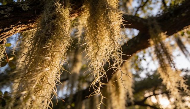 Sunlit spanish moss draping oak branches, golden backlight, canopy texture, lichen detail