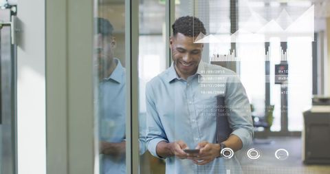 Businessman Engaging with Virtual Business Data Interface on Phone