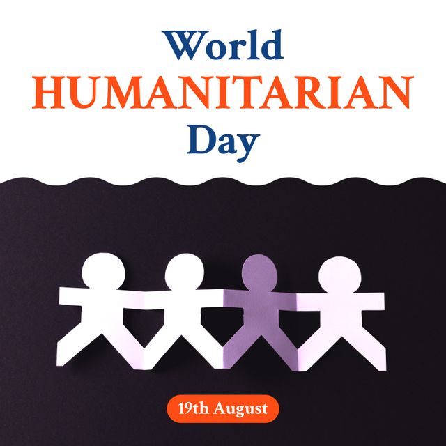 Perfect for promoting World Humanitarian Day events, spreading awareness on social media, or as part of an online campaign focusing on humanitarian causes, charity, and community support. The paperchain figures symbolize unity and collective effort.