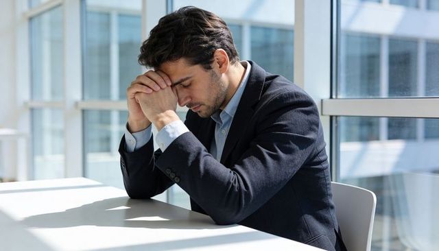 Businessman leaning forward clasping hands reflecting in highrise office with glass windows