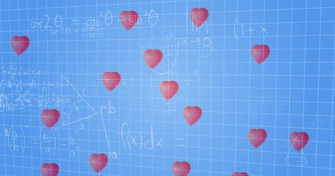 Hearts Falling Over Complex Mathematical Equations Blue Background