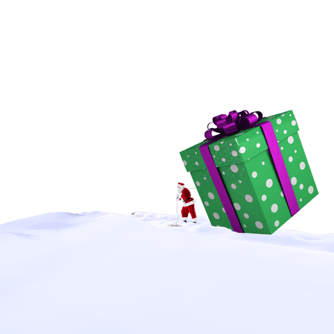 Santa pulling gigantic green gift on transparent background
