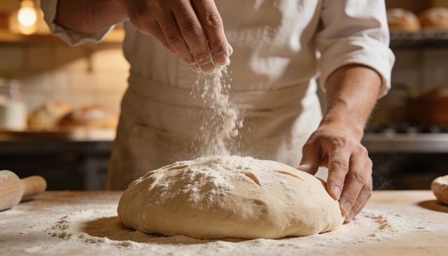 Baker sprinkling flour and shaping artisan dough on wooden countertop close-up