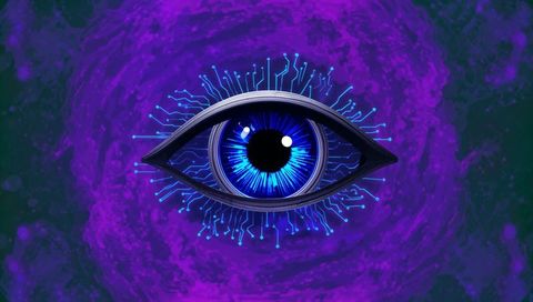 Pulsing cyber eye radiating electric-blue iris and neural circuitry in neon purple vortex
