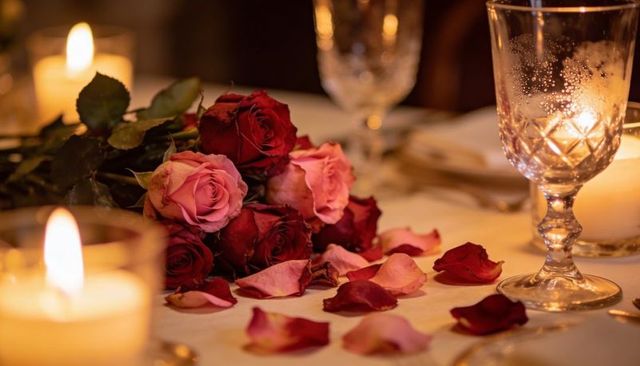 Romantic candlelit table, scattered red and pink roses, crystal goblet mirroring warm glow
