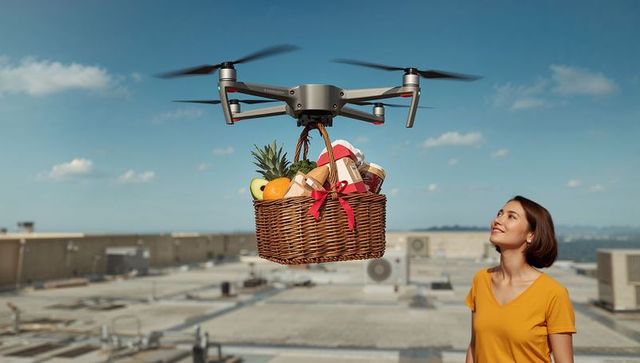 Urban drone delivering wicker gift basket with fresh fruit and groceries to rooftop customer