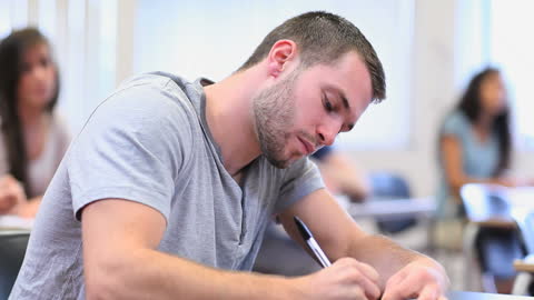 Focused Student Diligently Transcribes Lecture Notes in Classroom