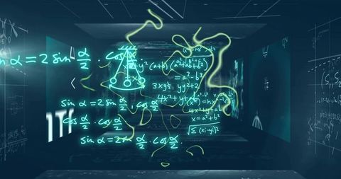 Futuristic holographic math projection glowing teal formulas in dark research tunnel lab