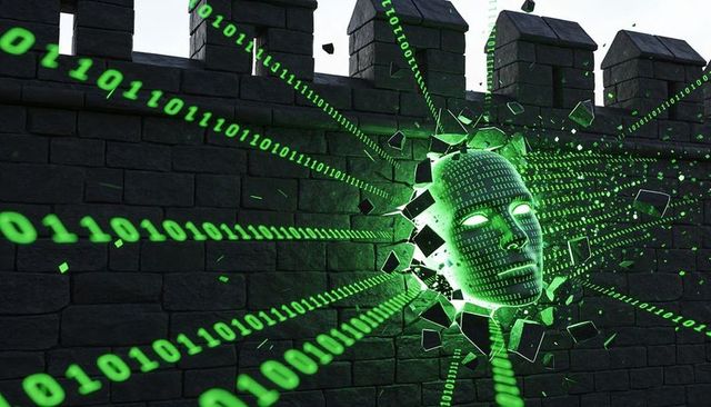 Neon binary ai face bursting through fortress wall, holographic cyber data streams