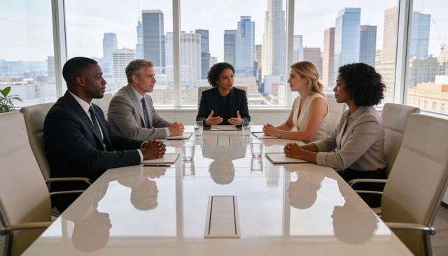 Executive team discussing strategy in modern glass boardroom with city skyline view