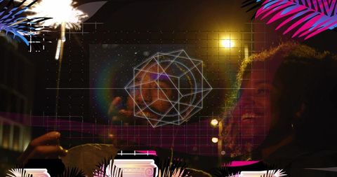 Couple holding sparkler smiling on neon night street with holographic geometric overlay