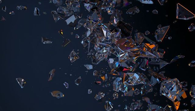 Iridescent crystal shards floating and refracting blue-orange light over dark backdrop