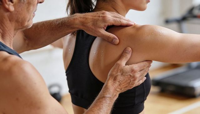 Trainer assessing shoulder mobility using hands on female athlete wearing racerback top