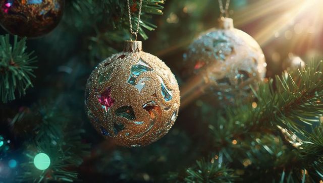 Sparkling Gold Christmas Bauble on Green Tree Branches