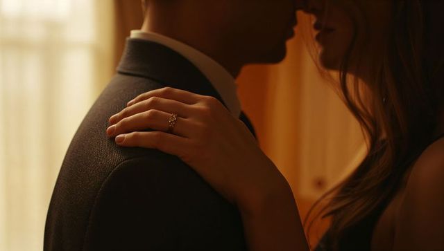 Intimate couple embracing in soft evening light showcasing gold engagement ring