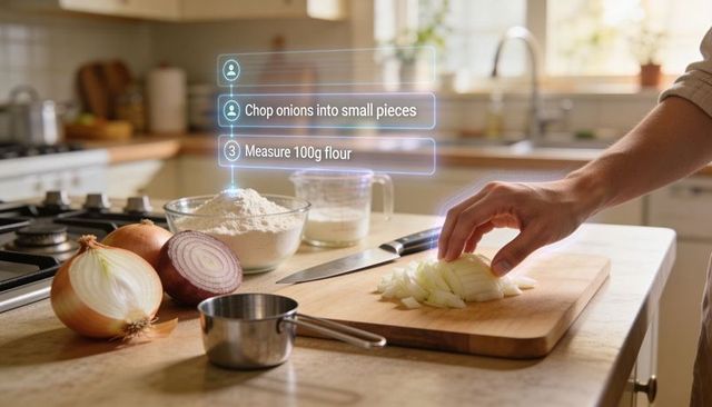 Hand placing diced onions on cutting board with ar recipe overlay in sunlit modern kitchen