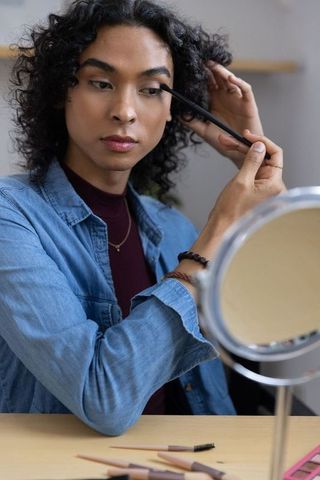 Non-binary adult applying mascara at vanity mirror, personal makeup routine closeup