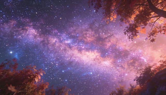 Vibrant milky way arch stretching over autumn forest clearing with orange leaves