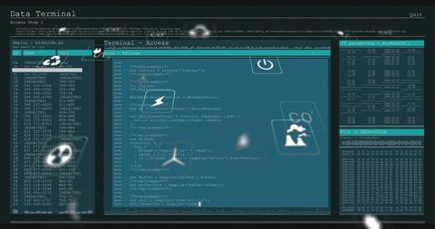 Futuristic code editor with floating icons analysing data