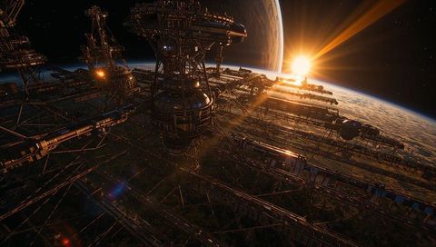 Radiant sunrise lighting orbital megastructure with radial docking trusses and girders