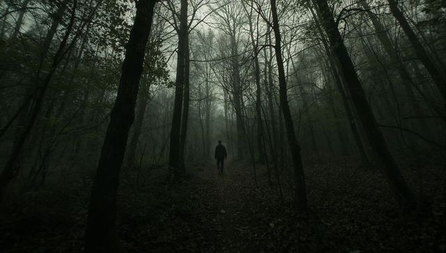 Mysterious Solitary Figure Walking in Misty Forest