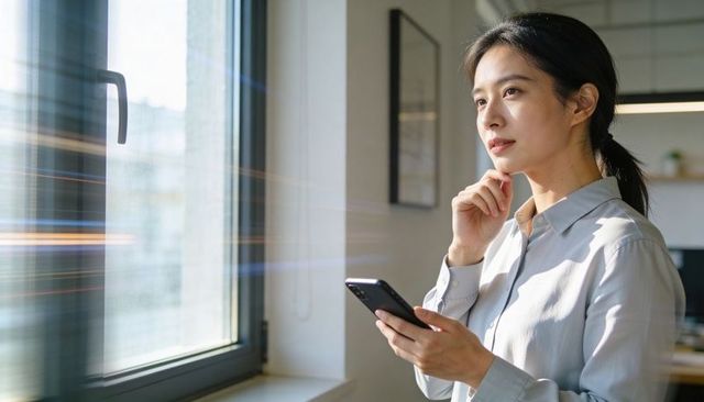 Contemplative asian professional woman standing by modern office window holding smartphone