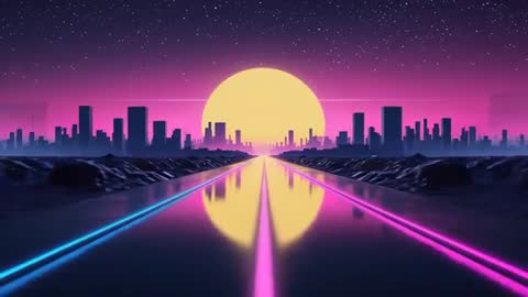 Neon Highway at Night with Futuristic Skyline and Oversized Sun