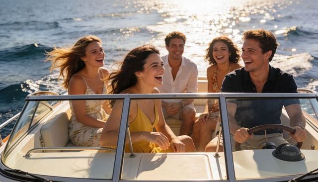 Laughing friends riding speedboat at golden hour, sunlit wake and windblown hair