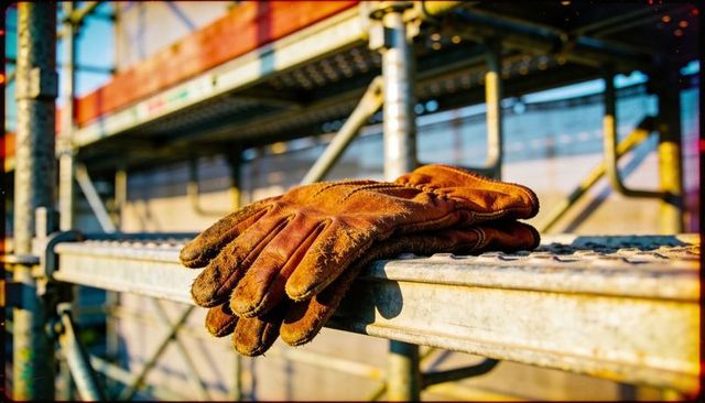 Sunlit leather work gloves resting on scaffolding plank, rugged construction close-up