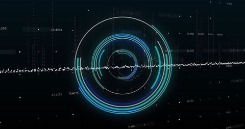 Futuristic neon data rings amidst matrix of numbers