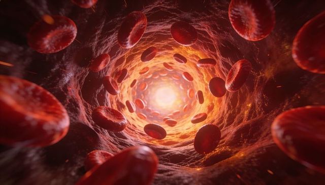 Microscopic blood flow showing red blood cells drifting through glowing vessel lumen