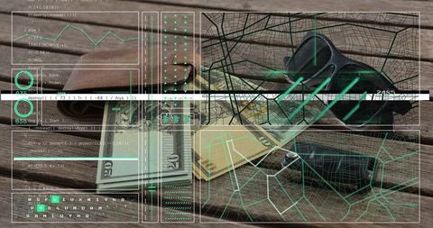 Key fob and folded cash on wooden table with neon hud overlay and hex grid map glitch