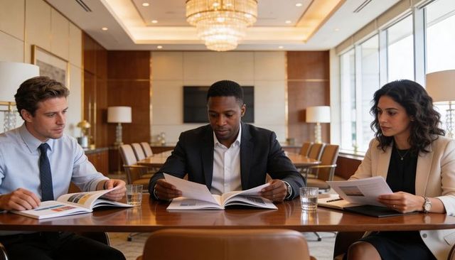Three executives reviewing financial reports in modern boardroom during daylight meeting
