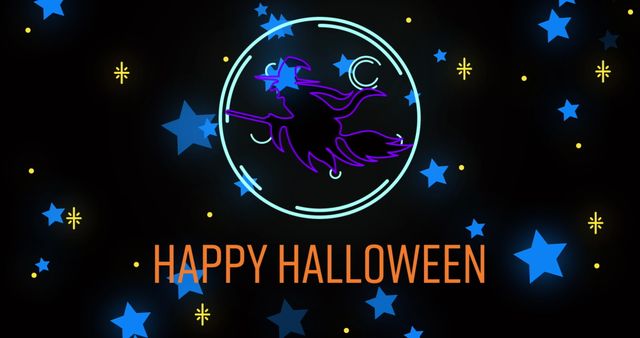 Happy Halloween Text with Neon Witch on Broom and Stars - Download Free Stock Images Pikwizard.com