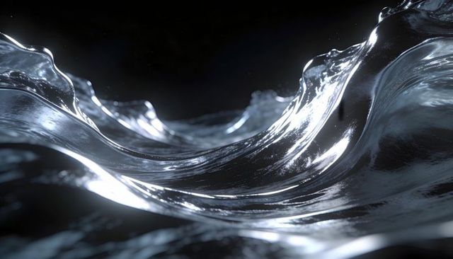 Shiny flowing liquid wave with metallic reflections, translucent crests and droplets