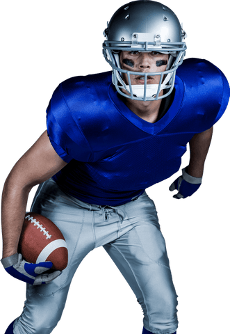 American football athlete holding ball on transparent background