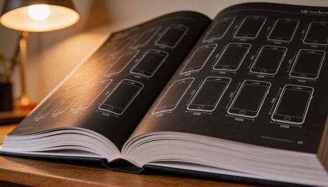 Open catalog displaying smartphone outlines and dimension grid under warm lamp glow