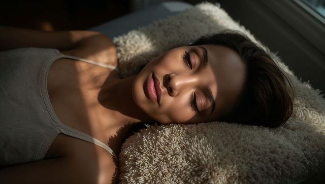 Serene asian woman resting on plush pillow with blind shadows and warm sunlight