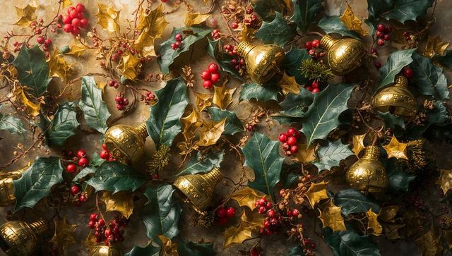 Festive Arrangement with Golden Bells and Holly Leaves