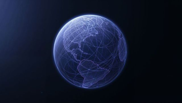 Glowing Wireframe Globe Showing Americas With Interconnected Routes, Nodes and Digital Network Halo