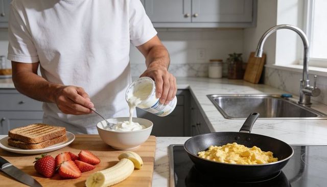 Man pouring yogurt into bowl preparing healthy breakfast with scrambled eggs and fruit