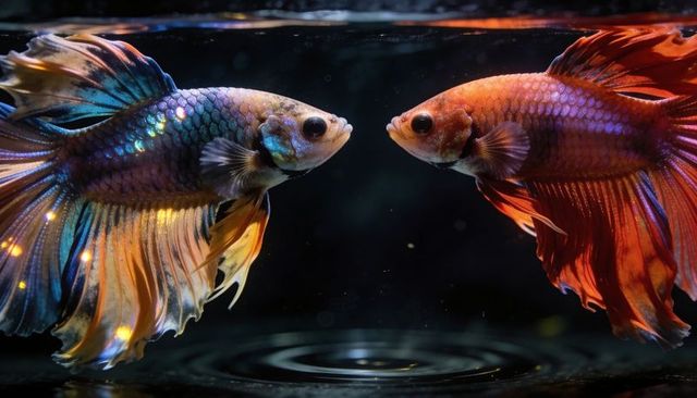 Iridescent betta fish facing off with flowing metallic fins and water ripples