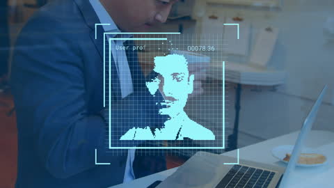 Businessman Analyzing Digital Data with Facial Recognition Interface