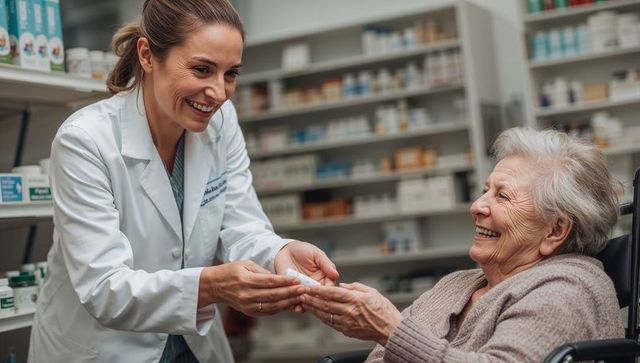 Pharmacist Helping Senior Woman in Wheelchair with Medication