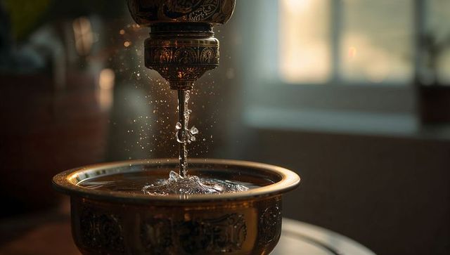 Bronze ornate indoor fountain pouring water into engraved basin with backlit droplets