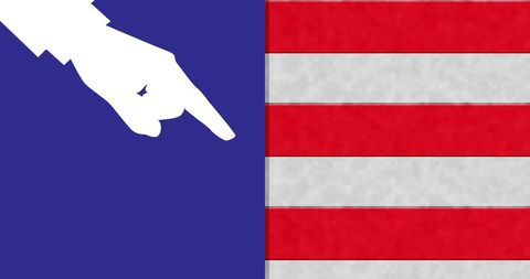 Digitally generated patriotic hand over us flag stripes