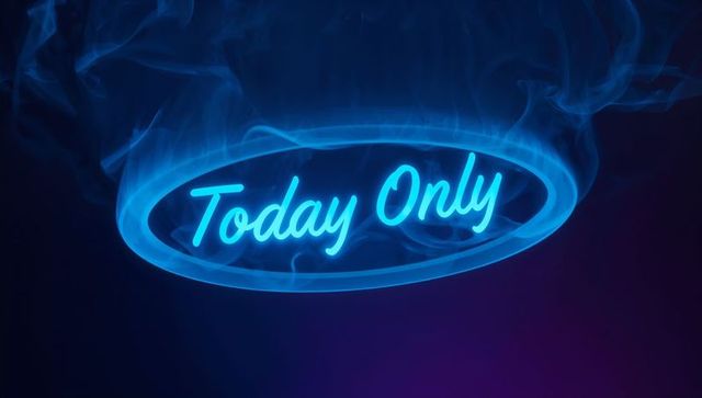 Glowing cyan neon today only sign in smoky oval halo for limited-time promotion