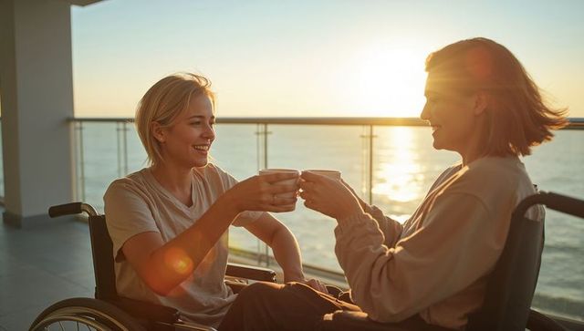 Two women in wheelchairs toasting coffee on ocean balcony at sunset, golden hour friendship