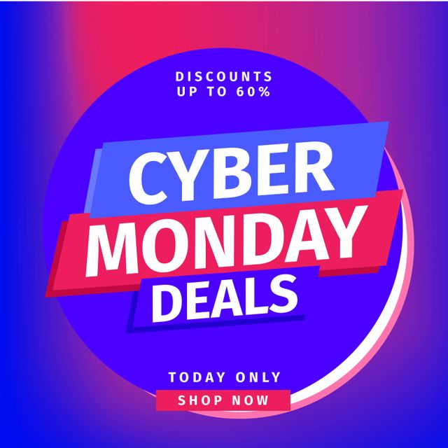 Vibrant Cyber Monday deals advertisement promoting discounts up to 60%. Ideal for online stores, websites, and social media posts to attract customers during the shopping season.