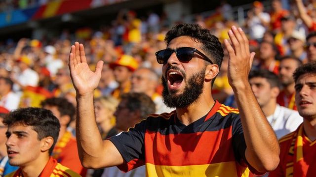 Bearded fan cheering and raising hands in stadium wearing sunglasses and team jersey